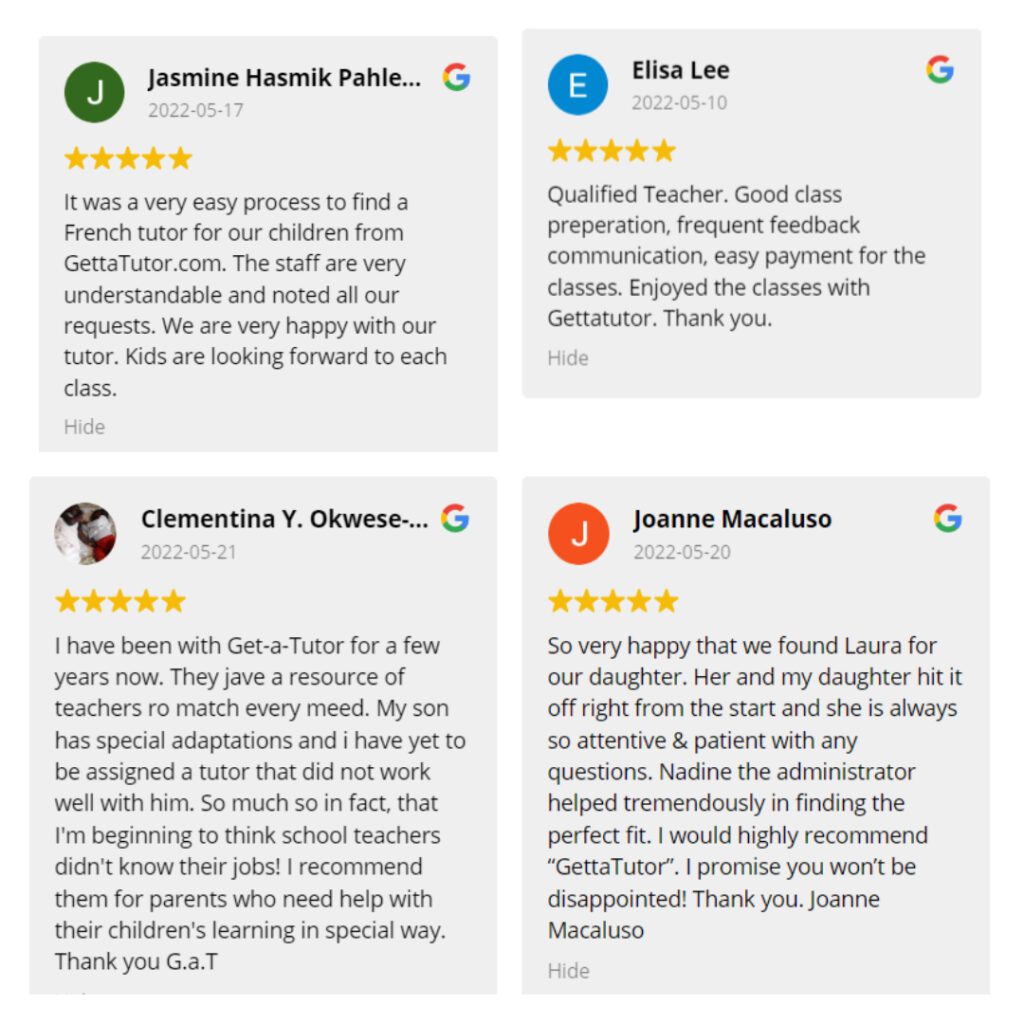 5 star google reviews for our tutors in Calgary